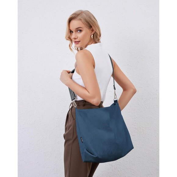 Women’s Blue Corduroy Tote Shoulder Bag with Adjustment Straps And Zipper - Picture 7 of 7